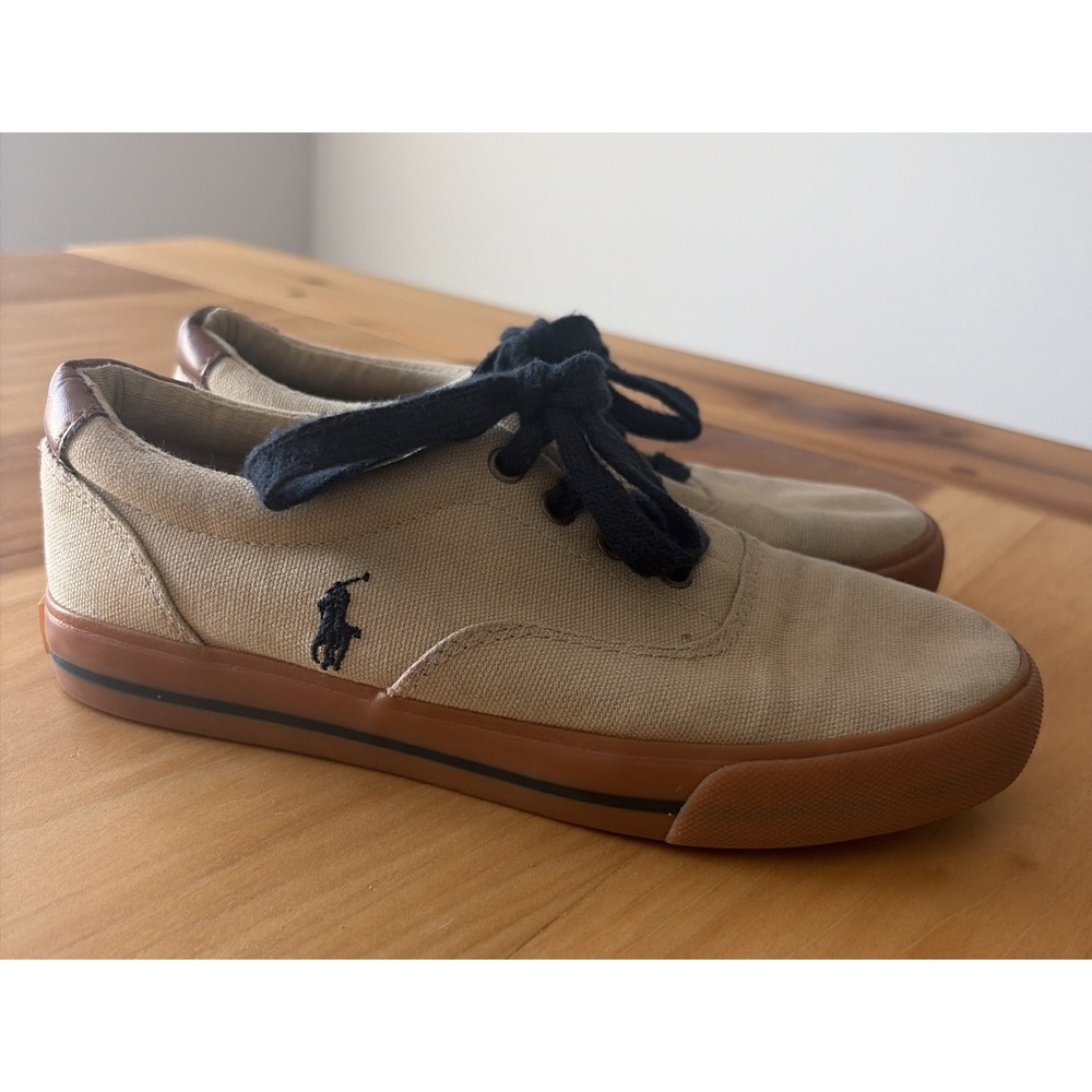 Polo Ralph Lauren Youth Sz 3 Khaki Beige Navy Canvas Tennis Shoes Sneakers Logo